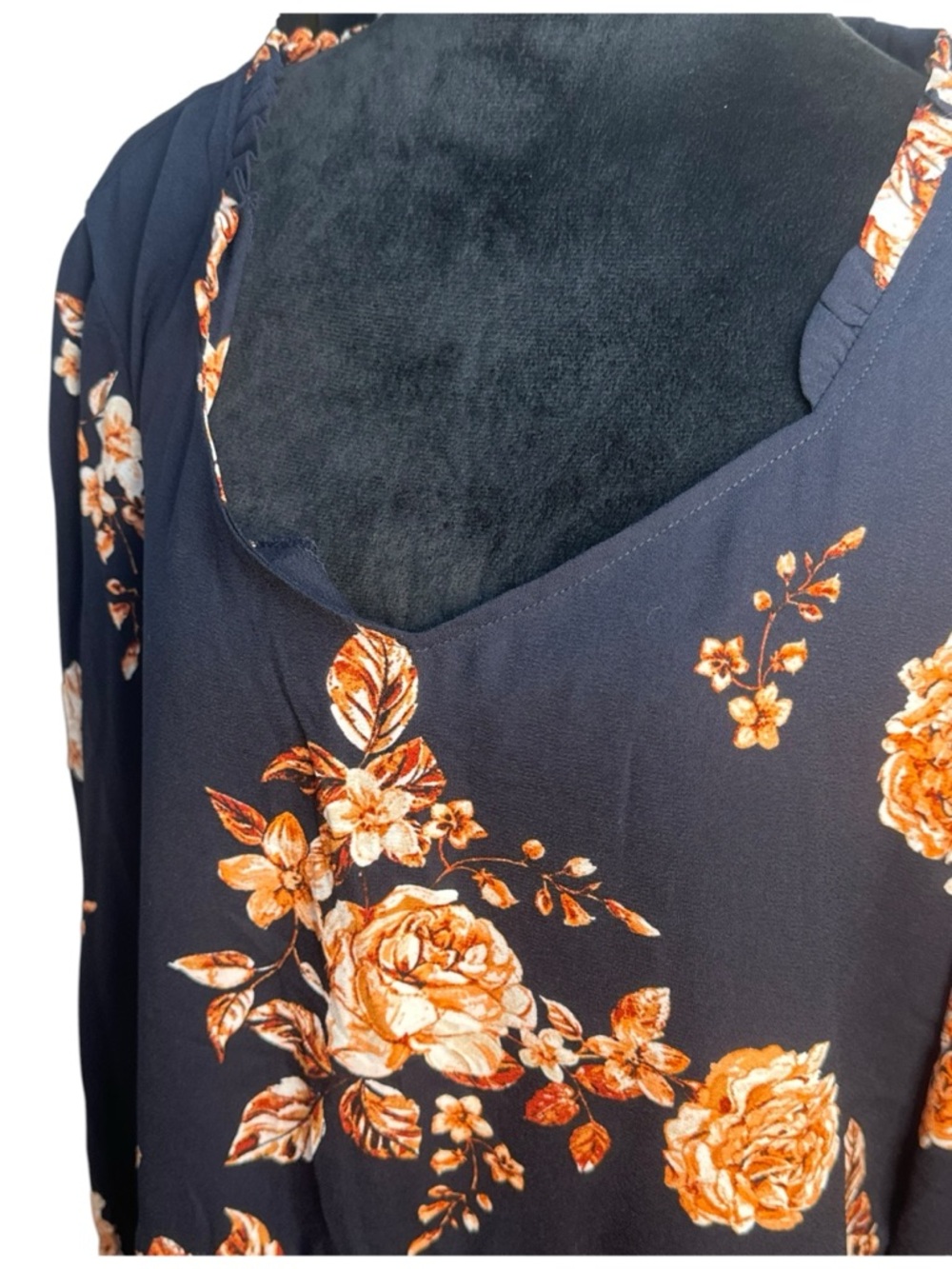 Maurices Blue Floral Peasant Top XXL Cinched Waist Ruffle Neck Boho Blouse - Picture 9 of 12